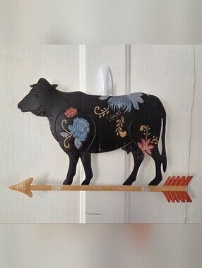 Black Floral Cow Wall Hook with Painted Arrow Accent